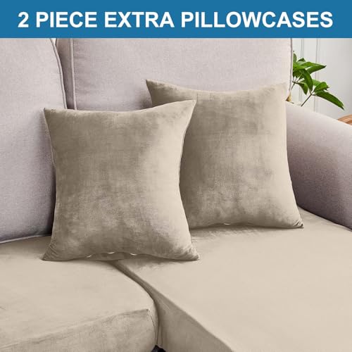 Image of Stretch Silver Fox Velvet Sectional Couch Covers - 3-Piece Sofa Cushion Covers for Left /Right L-Shaped Chaise, Soft and Comfortable Slipcovers for Sectional Sofa(2 Seater + 1 Chaise,Taupe)