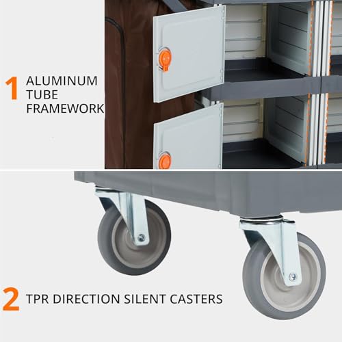 Image of Commercial Janitorial Cart with 4 Cabinet, Cleaning Cart with Wheels and Large Capacity Vinyl Bag, Housekeeping Carts