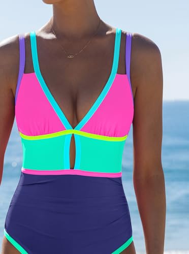 Image of popvil Women One Piece Swimsuit 2026 Tummy Control Sexy Cutout Neon Color Block Bathing Suit Slimming Adjustable Swimwear