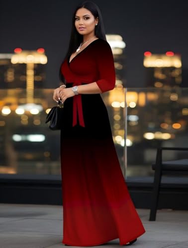 Image of PinkPatty Women's Plus Size Maxi Dresses Casual Flowy 3 /4 Sleeves Dress Printed Vacation Dress for Daily Wear with Belt