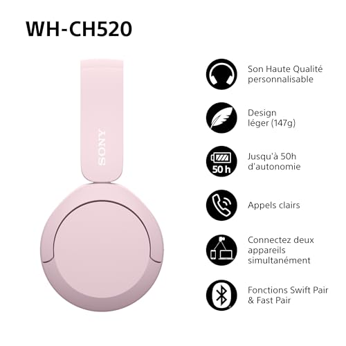 Sony WH-CH520 - Casque Bluetooth sans Fil, Multipoint, Micro intégré - jusqu'à 50 Heures d'autonomie et Charge Rapide - Rose