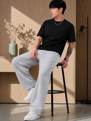 Image of Men's Casual Striped Trouser | Relaxed Fit Drawstring Pants for Men | Elastic Waist Straight Fit Lounge Trousers | Lightweight Summer Cotton Bottoms | Comfortable Daily, Beach, Travel Pants
