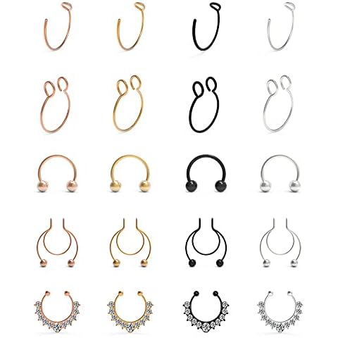 Hywean Fake Septum Piercing Fake Nose Ring Stainless Steel Fake Nose Piercing Non Piercing Septum Clip Tragus Fake Piercing Nose Ring Hoop -20pcs Cover
