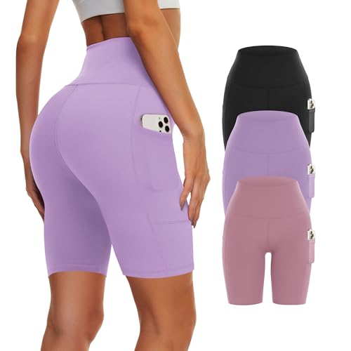 3 Pack Biker Yoga Shorts with Pockets for Women, High Waist Tummy Control Workout Running Gym