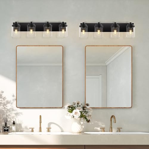 Image of Bathroom Vanity Light Fixture, 4-Light Modern Black Vanity Light Fixtures with Clear Glass Shade, Matte Black Bathroom Light Fixtures Over Mirror, Rustic Restroom Lighting Fixtures