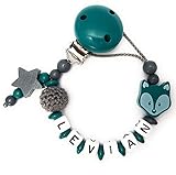 Schnullerkette mit Namen Petrol Fuchs Stern H&auml;kelperle Geburt Taufe Geschenk individuell | Junge Namenskette