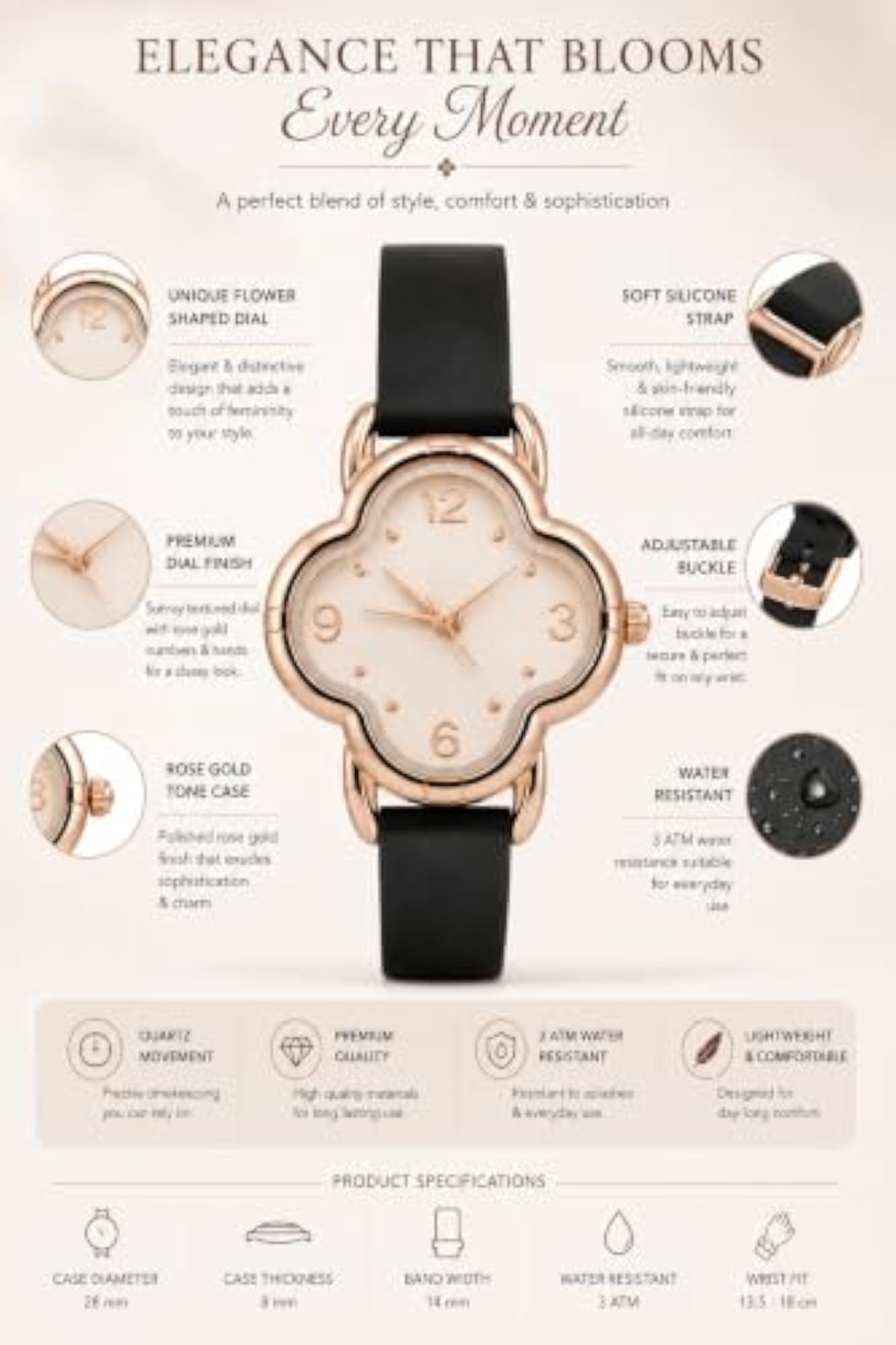 Women's Flower Shape Rose Gold Dial Watch with Silicone Strap
