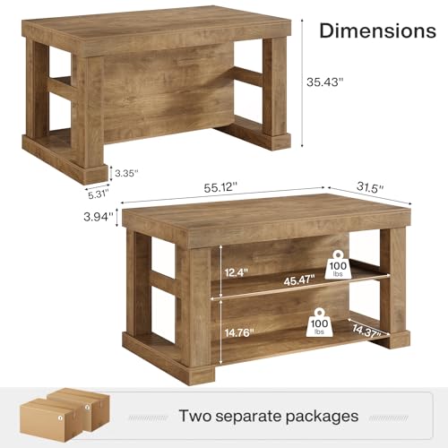 Image of Tribesigns Kitchen Island with Storage, 55-Inch Farmhouse Stationary Island Table with Large Countertop, 3-Tier Wooden Coffee Bar Table for Kitchen, Dining Room, Rustic Brown