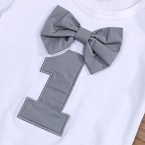Grnshts Baby Boy Funny First Birthday Clothes Infant Boy Bow Tie Romper Bodysuit Cake Smash Outfits (A Gray, 12-18 Months) #TOP3