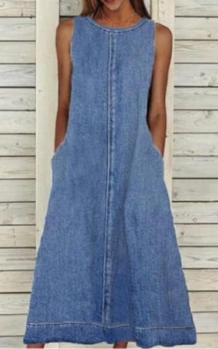 Womens Casual Sleeveless Maxi Denim Dress Crewneck Vintage Loose Long Vest Jean Dress with Pockets3