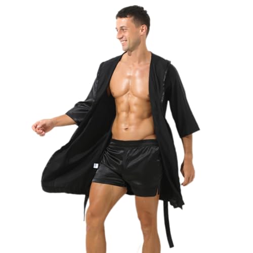IBAKOM Men Pajama Satin Robe Hooded Bathrobe Sleepwear Long Sleeve Hoodie Sleep Robes Nightgown Nightwear2