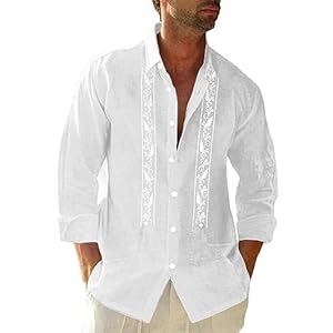 Mens Cuban Guayabera Shirts Cotton Linen Short Sleeve Shirt Casual Hippie Beach Button Down Pocket Shirt
