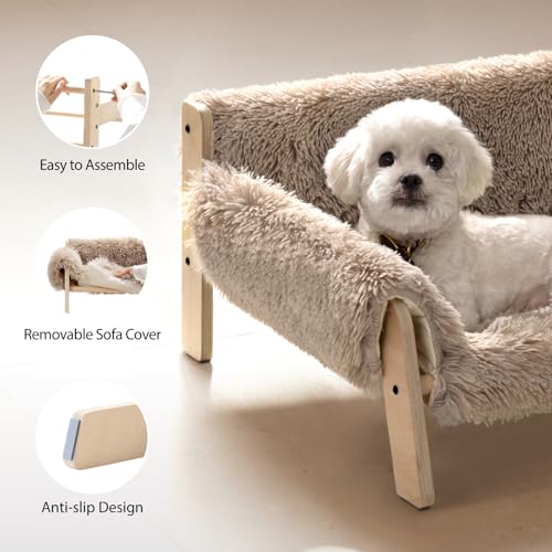 MEWOOFUN Erhöhtes Katzenbett Sofa aus Holz, 56x45cm robust großes Katzensofa – modischer Katzenstuhl mit abnehmbarem Matratzenbezug Belastbar mit 10 kg (Braun, 70x53cm)