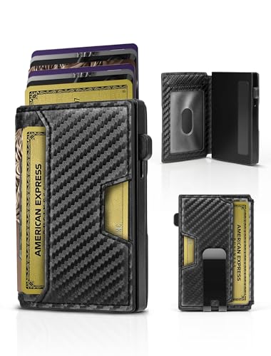 Mens Wallet Card Holder, Wallet for Men, Mens Wallet Minimalist Slim Wallet, RFID Blocking Pop up Wallet ID Window Money Clip, Aluminum Credit Card Holder Genuine Leather 12 Card Capacity