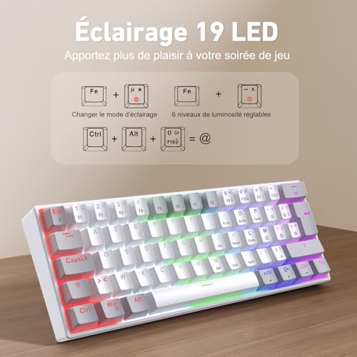 Clavier Mecanique - Clavier Gamer de Jeu Filaire Switchs Bleu, AZERTY Français, LED Rétroéclairé, Clavier Gaming Mini 60% pour PC/Windows/PS5/PS4, Blanc et Gris – Image 5
