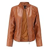 Femme Grande Taille Col Montant Veste en Similicuir Blouson aviateur Moto Classique en PU Manteau Court Zippé Veste Courte Blazer Manteaux Punk Moto Biker en Cuir PU Marron M