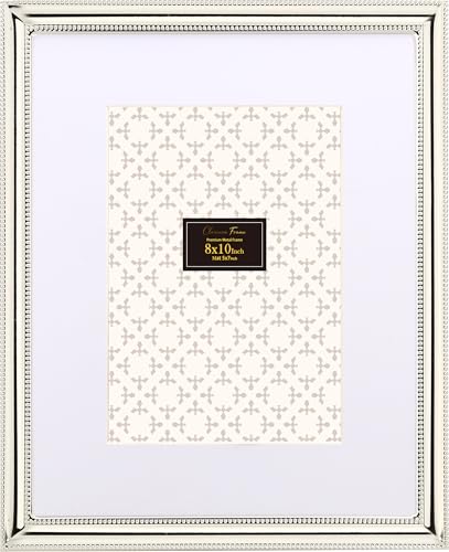 Classura Classy Silver Plated 8x10 Metal Beaded Picture Frame with Acid Free Mat for 5x7 Real Glass Front and Soft Velvet Backing The Ideal Choice for Treasuring Cherished Memories