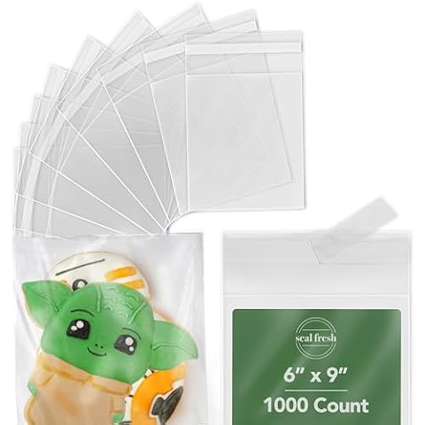 Seal Fresh Self Sealing Cellophane Bags - 6" x 9" (1000 Count) - Clear Plastic Resealable Cello Bag - Cellophane Treat Bags, Cookie Bags for Packaging, Candy bags, Cello Bags, Pastry Bags Cover