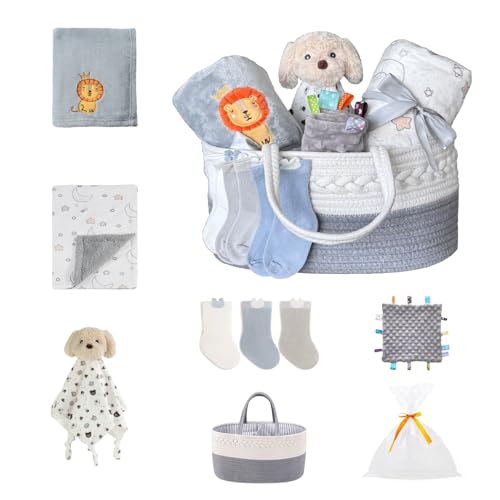 Image of CREVENT Gift Set for Newborns -Diaper Caddy Organizer Basket with 2 Blankets, 1 Taggie, 1 Lovey, 3 Socks，1 Gift Bag with Ribbon - Welcome Essential Baby Shower (Neutral