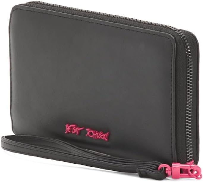 Betsey Johnson Multi Heart Embossed Wristlet, Black with Colorful Hearts, Zip Closure, 8x4.5 Inches, Card Slots and ID Window