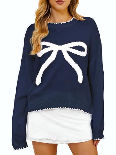 Image of Milumia Women's Bow Print Drop Shoulder Long Sleeve Sweater Crew Neck Knit Fall Tops