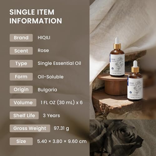 Image of HIQILI Rose Essential Oil Set - 1 fl oz (6 Pack), with Stable Quality, Bulk Pack for Business Purchase, Ideal for Skin Care, SPA, Hotels, DIY Studios, Holiday Gifts & Home Use