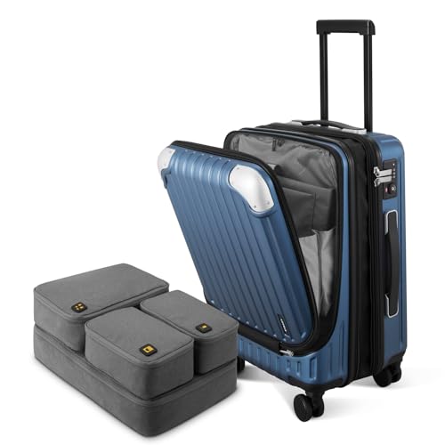 LEVEL8 Koffer Trolley Handgepäck mit 4er Organizer-Set, Handgepäck Koffer mit Laptopfach, Leicht ABS+ PC Rollkoffer Reisekoffer Erweiterbar, TSA, 4 Rollen, 55 cm, 36-42 Liter, Blau