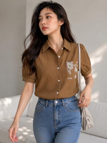 Image of Women's Floral Embroidered Shirt | Elegant Short Sleeve Shirts for Casual & Office Wear | Stylish Summer Button-Down Shirt for Girls & Women