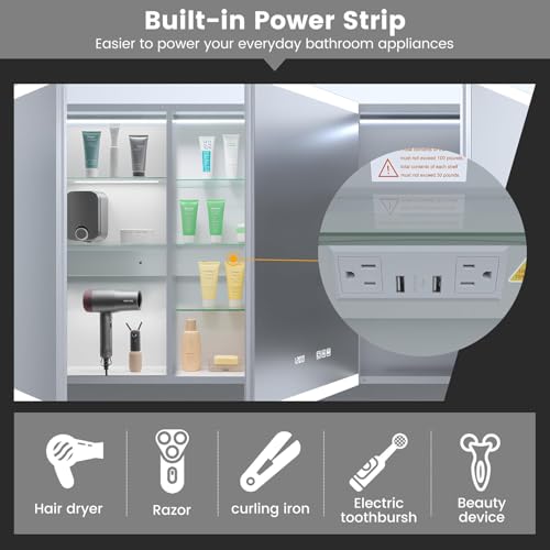 Armario de medicamentos inteligente iluminado de 60" de ancho x 30" de alto con espejo y reloj, montaje empotrado o superficial, antivaho, estación de carga, apertura amplia miniatura 4