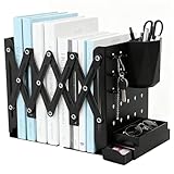 Serre Livres Réglable en Métal Télescopique, Cale Livres Extensible avec Porte Stylo, 6 Crochets et Plateau, Base Antidérapante pour Bureau, Maison, École – Serre Livres Noir 49,5 cm
