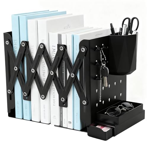 Serre-Livres Réglable en Métal Télescopique, Cale-Livres Extensible avec Porte-Stylo, 6 Crochets et Plateau, Base Antidérapante pour Bureau, Maison, École – Serre Livres Noir 49,5 cm