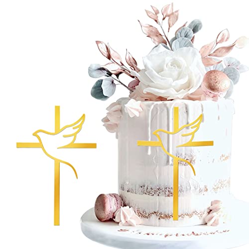 WOOXDYUK 2 Pièces Décoration de Gâteau Croix Cake Topper Colombe Or Acrylique Décoration de Gâteau, Effet Miroir Étincelant pour Mariage, Anniversaire,...