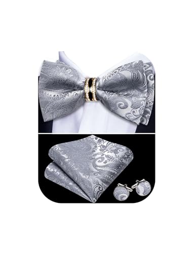 Image of YOHOWA Mens Bow Tie Set Paisley Pre-tied Bowties Adjustable with Handkerchief Cufflinks Gold Ring Set Wedding Prom Party