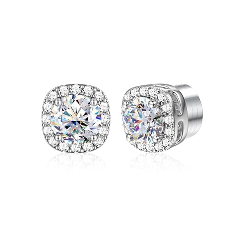 GEMQUEEN Moissanite Magnetic Earrings for Men : 18K White Gold Plated Hypoallergenic Stainless Steel Non Piercing Clip on Fake Earrings Studs Halo Square Diamonique Earring Women D Color VVS1 5MM