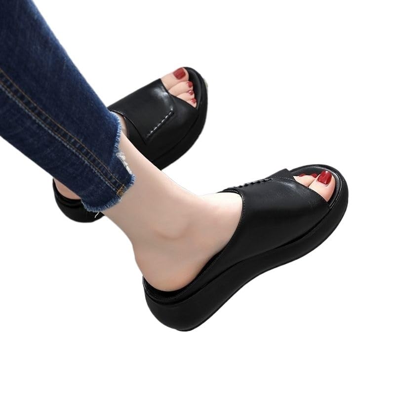 Soft leather thick sole slippers are versatile for external wear waterproof platform slope heel sandals3