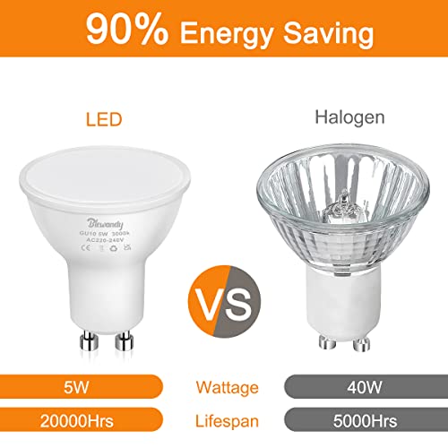 GU10 LED Bulb Warm White 3000K, 5W Spotlight Bulbs Equivalent 40W Halogen, 450LM GU10 Bulbs 120 Degree Wide Beam Angle, AC 220-240V Non Dimmable Energy Saving Lamp, Pack of 10