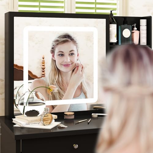 AIEGLE Large Vanity Desk Set with Sliding Lighted Mirror, Makeup Vanity Adjustable in 3 Colors, Dressing Table with Drawers & Cushioned Stool, Black - Sliding Lighted Mirror