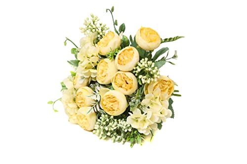 YoungJewl Artificial Flowers Fake Peony Silk Mini Plastic Bridal Flowers for DIY Wedding Bouquets Home Decorations 4 Packs(Light Yellow)