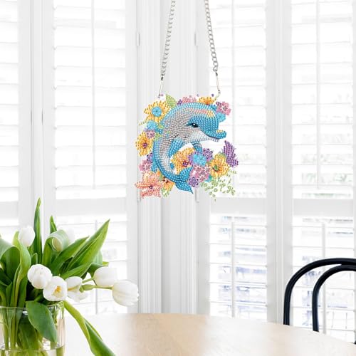 Image of AiYuanzsh Dolphin and Flowers Diamond Painting Hanging Kit - DIY Acrylic Pendant with 5D Special Shaped Rhinestones, Diamond Art Decorative Art Board for Wall, Door or Garden, Handmade Gift