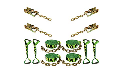 BA Products HV38-218C Neon Green High Visibility 8 Point Tie Down System with 18' Long Straps and Chains on Ratchets & Straps for Rollback, Car Hauler, Carrier, Flat Bed