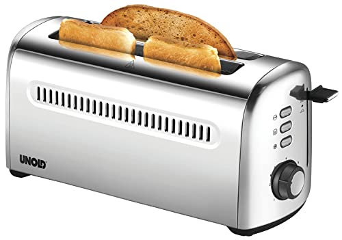 Unold 38366 Toaster 4er Retro - 1500 W, 4-Scheiben/Doppel-Langschlitz-Toaster, 4 Funktionen, Edelstahl, 7 Röstgrade, Krümelschublade, Brötchenaufsatz, Auftauen, Aufwärmen, Nachtoasten