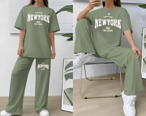 Image of My Swag Women's New York Graphic Loungewear Set, Cotton Short Sleeve T-Shirt and Pants