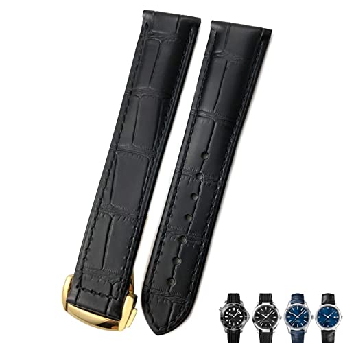 Bracelet de montre en cuir de vache 20mm noir doré pour Omega Seamaster 300
