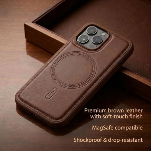 Image of amazon basics Premium PU Leather Case for iPhone 13 Pro, MagSafe Compatible Magnetic Ring, Sleek Protective Back Cover - [Brown]
