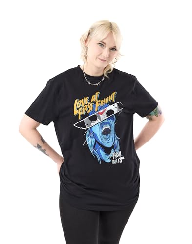Friday the 13th Unisex Black Short-Sleeved T-Shirt | Love at First Fright Graphic Tee | Horror Movie Merchandise | Scary Jason Voorhees Apparel | Fans