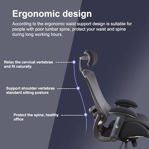 BOLISS High-Back Ergonomic Mesh Computer Office Desk Chair with Super Soft Adjustable Arms Molded Foam Double Seat Cushion Adjustment Lumbar Support - Black