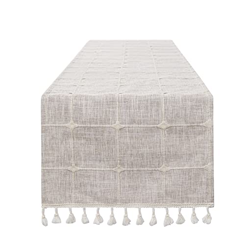 Armindou Boho Table Runners 60 Inches Long, Modern Farmhouse Cotton Linen Tassel Table Runners, Geometric Trellis Embroidery Table Runner For Kitchen Small Square Dining Table Decor (14X60 Inch , Tan) #TOP1