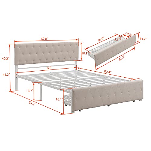 Meritline Queen Size Metal Bed, Platform Bed Frame With Upholstered Headboard And Footboard, Metal Platform Bed With Drawer Storage No Box Spring Needed (Queen Size, Beige) #TOP1