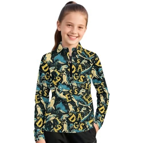 Chririnla Shark Print Athletic Sweatshirts for Teen Girls Age 6-12,Girls' Sun Protective Clothing - Youth Kids Long Sleeve Quarter Zip Pullover for All-Day Outdoor Activities,9-10T