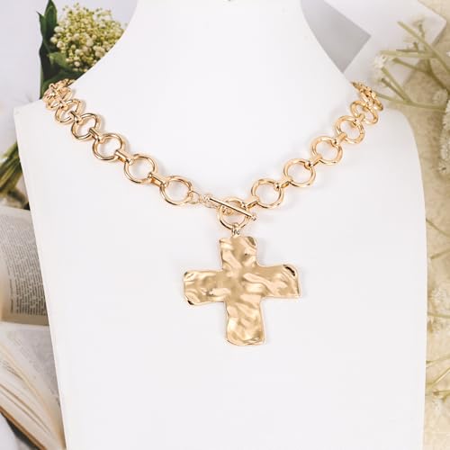 Hammered Cross Necklace, Chunky Statement Gold Cross Chain Necklace Gold Bold Cross Pendant Necklace Hammered Chunky Thick Necklace for Women Fashion Jewelry Accessories4